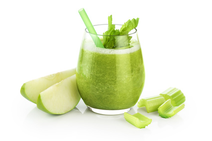 Detox smoothie with celery and apple on a white background. Healthy food.