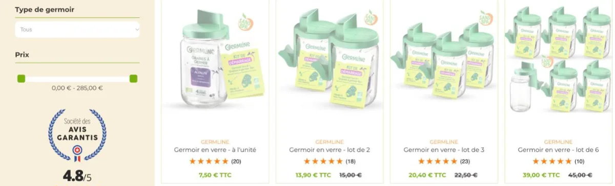 Page Germoirs de Nature et Vitalité avec le filtre Type de germoir et les germoirs en verre Germline à l’unité, par 2, par 3 et par 6