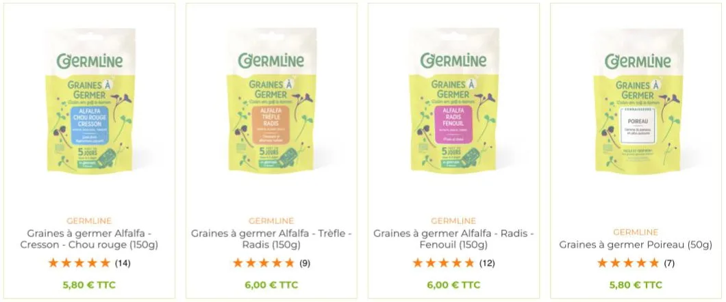 Page Graines à germer bio de Nature et Vitalité : sachets Germline alfalfa-cresson-chou rouge, alfalfa-trèfle-radis, alfalfa-radis-fenouil et poireau, avec leur durée de germination