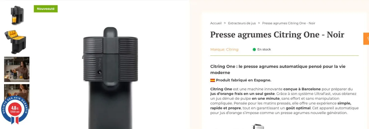 Fiche produit du presse-agrumes Citring One noir sur nature-vitalite.com